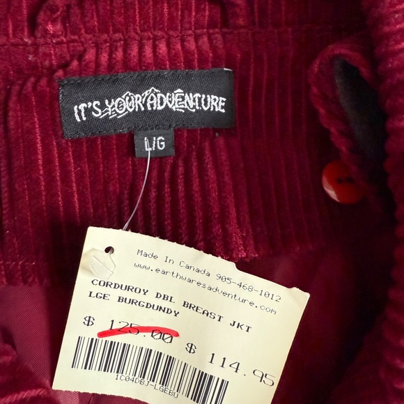 Vintage NOS 90s ~ Double Breasted Maroon Corduroy Jacket w Quilted Lining ~ wm L - Picture 4 of 9